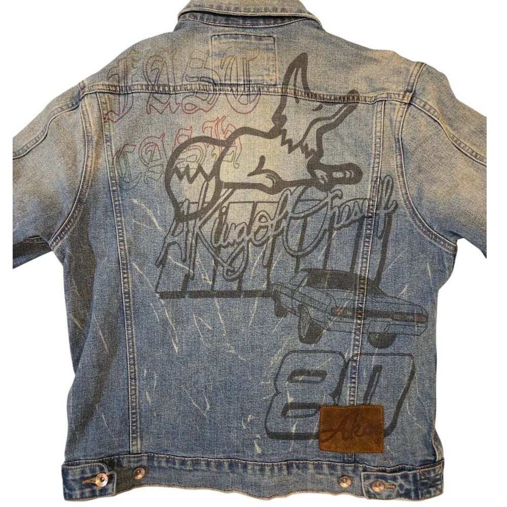 VTG AKOO Mens Denim Trucker Jacket Light Wash Graphic Fox Car Dice Flames Size M